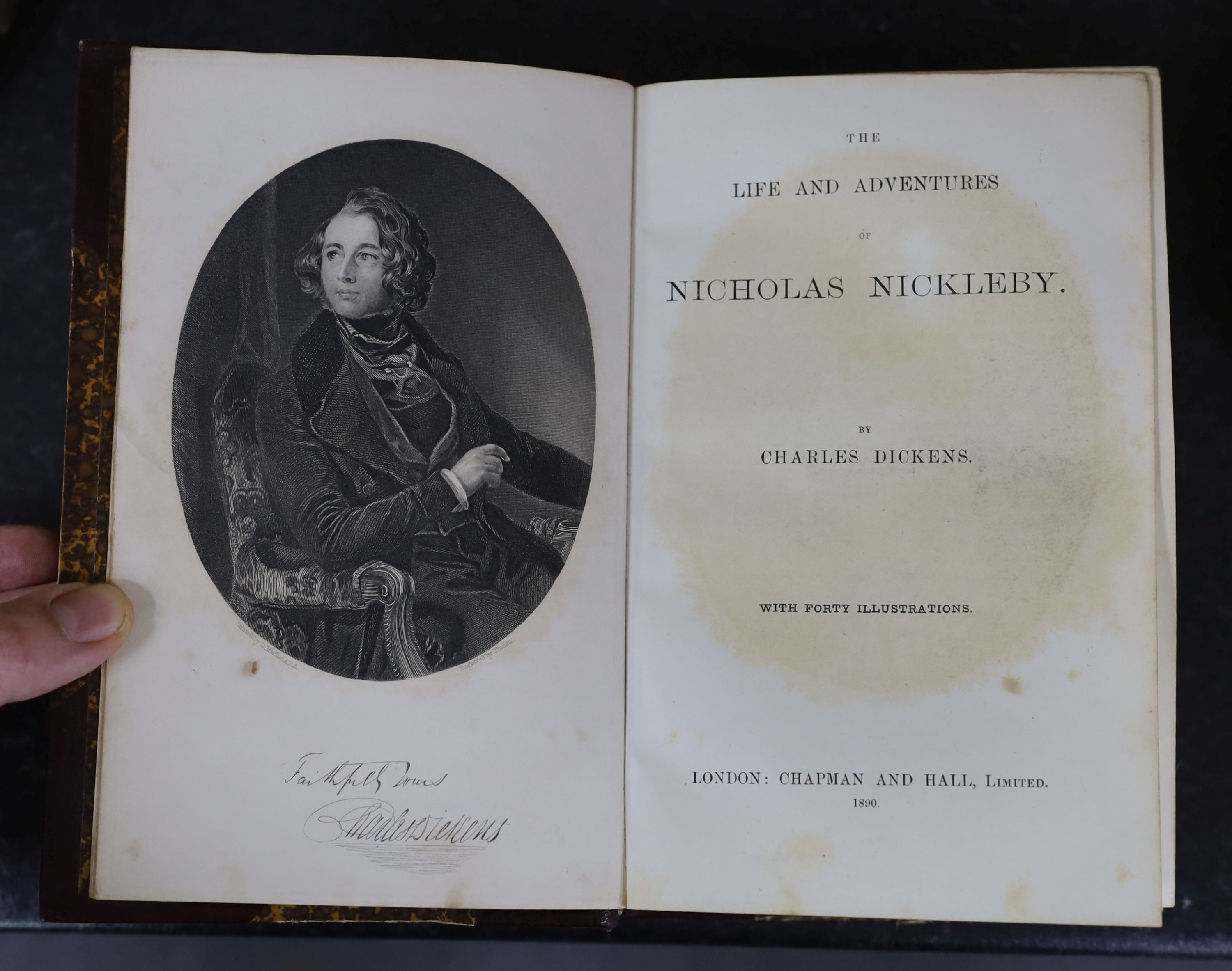 Dickens, Charles - Works, 17 vols, 8vo, half red morocco with marbled boards, the spines gilt in six compartments, each volume profusely illustrated with engravings, Chapman and Hall, London, 1890